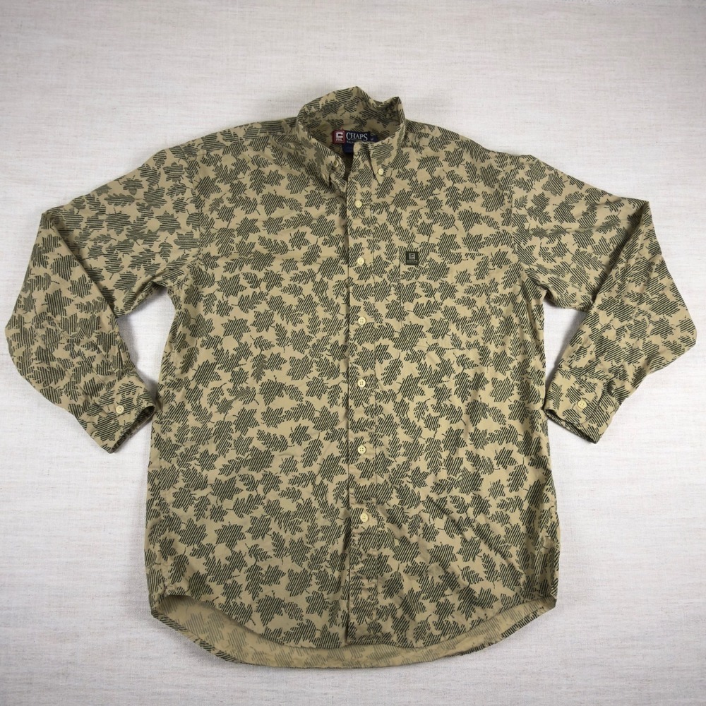 Chaps Ralph Lauren Mens Medium Tan Green Leaf Print Cotton Button Down Shirt